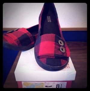 Red and black flannel flats
